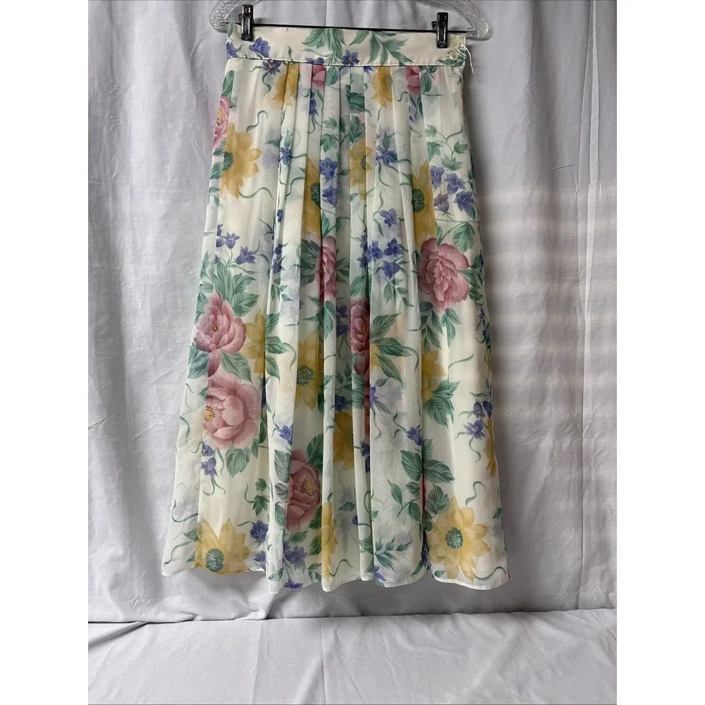 St Michael Pleated Midi Skirt Women Sz 12 (W28) Pastel Floral Print Lined NWOT